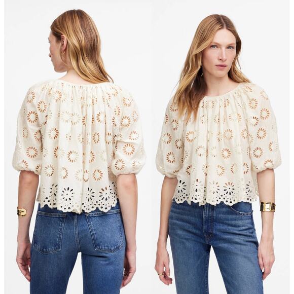 Madewell | NWT Embroidered Shirred Puff-Sleeve Top in Floral Eyelet | Sz XXS - Picture 1 of 10